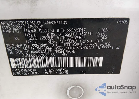 2006 Toyota Rav4 z USA, uszkodzony, nr VIN JTMBD33V865037153